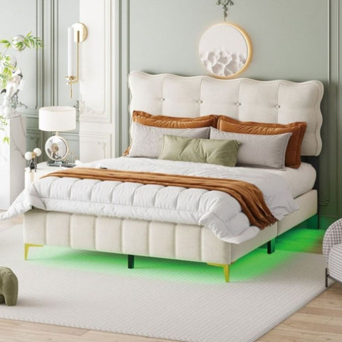 ZUN Queen Size Velvet Platform Bed with LED Frame and Stylish Mental Bed Legs, Beige WF313807AAA