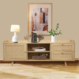 ZUN Mid Century TV Stand with Rattan-Decorated Doors, Spacious Cabinets, and Adjustable Shelf - Wood TV W1785118914