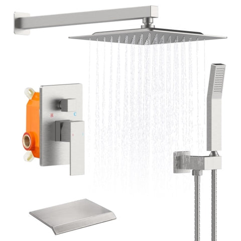 ZUN Rain Shower System Brushed Nickel Tub Shower Faucet Set 10 Inch Square Rainfall Shower Head with W108347917