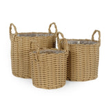 ZUN Set of 3 Multi-purposes Basket with handler - Hand Woven Wicker - Natural B046P144642