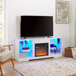 ZUN TV Stand Electric Fireplace TV Stand Glass Shelves, 3D Fireplace TV Stand LED Lights Wood W2275P149866