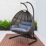 ZUN Charcoal Wicker Hanging Double-Seat Swing Chair with Stand w/Dust Blue Cushion MWTF-9716KD3