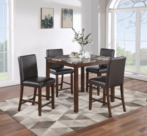 ZUN Classic Stylish Espresso Finish 5pc Counter Height Dining Set Kitchen Dinette Faux Marble Top Table B011P148646
