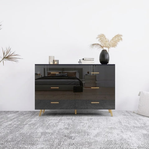 ZUN High Glossy Surface 6 Drawers Chest of Drawer with Golden Handle and Golden Steel Legs Black Color W2139134916