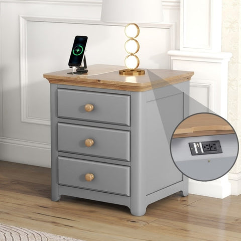 ZUN Wooden Nightstand with USB Charging Ports and Three Drawers,End Table for Bedroom,Gray+Natrual WF297096AAE