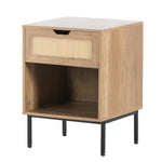 ZUN Nightstand Storage End Table with Rattan Door, Open Storage & Solid Metal Legs, Small Bedside Tables W1908119434