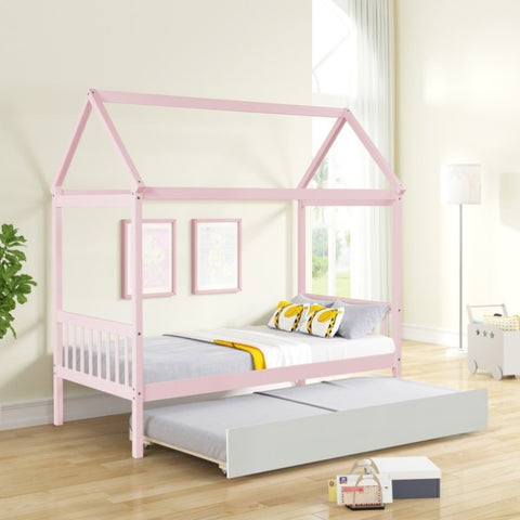 ZUN Solid Wood Twin House Bed Frame with Twin Size Trundle For Warm Pink Color, No Box Spring Needed W69740992