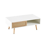 ZUN Rattan Coffee table, sliding door for storage, solid wood legs, Modern table for living room W2181P154403