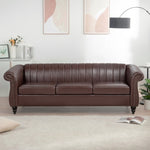 ZUN 83.46'' Brown PU Rolled Arm Chesterfield Three Seater Sofa. W68031446