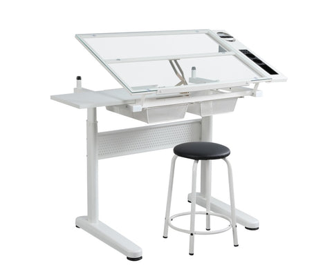 ZUN hand crank adjustable drafting table drawing desk with 2 metal drawers WITH STOOL W347126616
