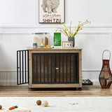 ZUN Furniture Style Dog Crate Side Table With Feeding Bowl, Wheels, Three Doors, Flip-Up Top Opening. W1820123198