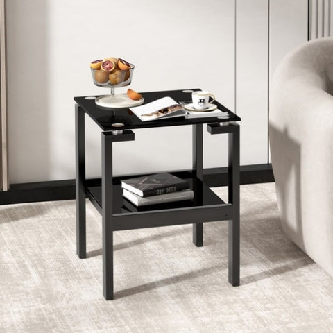 ZUN Black Tempered Glass End Table with 2 layer, Small Side Table for Living Room W1718109231