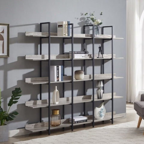 ZUN [VIDEO] 5 Tier Bookcase Home Office Open Bookshelf, Vintage Industrial Style Shelf with Metal Frame, WF286176AAG