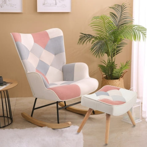ZUN Rocking Chair with ottoman, Mid Century Fabric Rocker Chair with Wood Legs and Patchwork Linen for W1095P143660