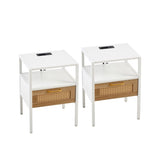 ZUN Set of 2, 15.75" Rattan End table with Power Outlet & USB Ports , Modern nightstand with drawer and W1265123648