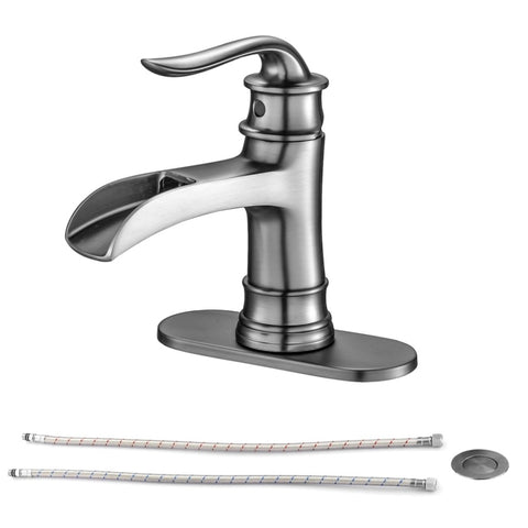 ZUN Waterfall Spout Bathroom Faucet,Single Handle Single Hole with Pop Up Drain,Brushed Nickel W124379896