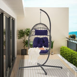 ZUN Outdoor Garden Rattan Egg Swing Chair Hanging Chair Dark Blue Cushion W874126289