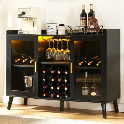 ZUN LED Wine Bar Cabinet, Home Coffee Cabinet with Wine and Glass Rack, Kitchen Buffet Sideboard with WF320348AAB