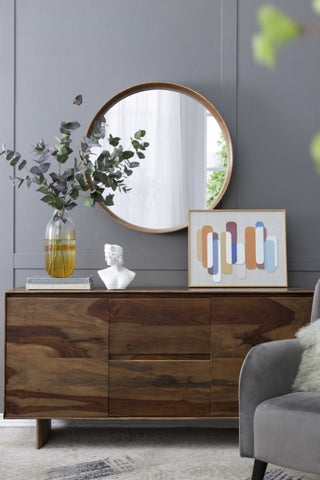 ZUN 31.5" Round Pine Wood Mirror, Wall Mounted Mirror Home Decor for Bathroom Living Room W2078P152649