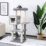 ZUN Cat Tree 52 Inches Multi-Level Modern Wooden Cat Tower with Hammock and Scratching Posts and Cat 68268994