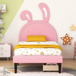 ZUN Twin Size Upholstered Leather Platform Bed with Rabbit Ornament and 2 Drawers, Pink WF309148AAH