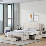 ZUN Queen Size Bed Frame with Drawers Storage, Leather Upholstered Platform Bed with Charging W1580113786