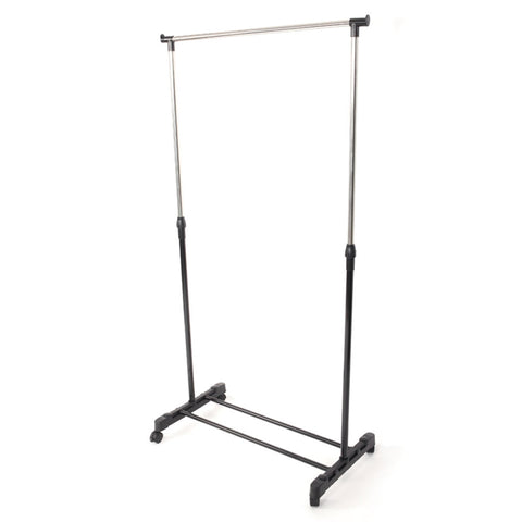 ZUN Single-bar Vertical & Horizontal Stretching Stand Clothes Rack with Shoe Shelf YJ-01 Black & Silver 62194653