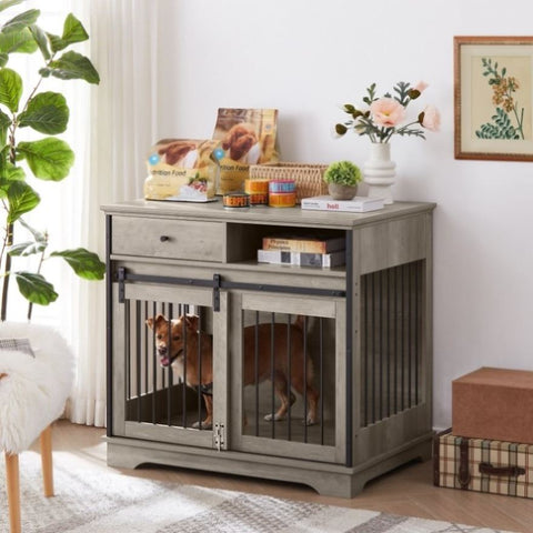 ZUN Sliding door dog crate with drawers. Grey,35.43'' W x 23.62'' D x 33.46'' H W116257390