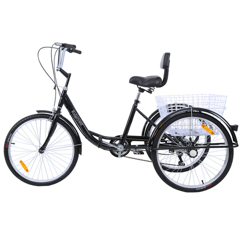ZUN Black Adult Tricycle 6 Speed Three Wheel Cruise Bike Trike 24” with Large Size Basket 3-Wheeled Men 11152984