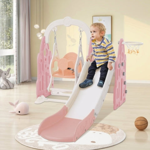 ZUN Toddler Slide and Swing Set 4 in 1,Kids Playground Climber Slide Playset with Basketball Hoop,Rocket PP315111AAH