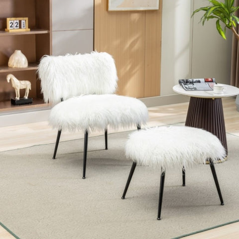 ZUN 25.2'' Wide Faux Fur Plush Accent Chair With Ottoman, Living Room Chair With Footrest, Fluffy W1852107378