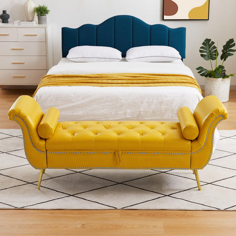 ZUN Yellow, PU Leather, Metal Feet Upholstered Ottoman Bedroom Lounge Ottoman Flip Top Storage Sofa 74324756
