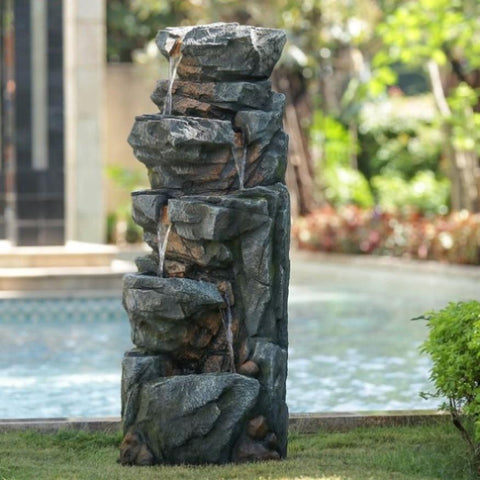ZUN 52" Tall 5-Tier Polyresin Fountain, Natural Rock Stone Water Feature for Patio & Backyard, Large W2078137336