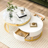 ZUN Modern Round Nesting Coffee Table with Drawers in White WF307201AAK