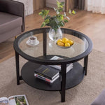 ZUN Round glass top solid wood storage coffee table, black 02548820