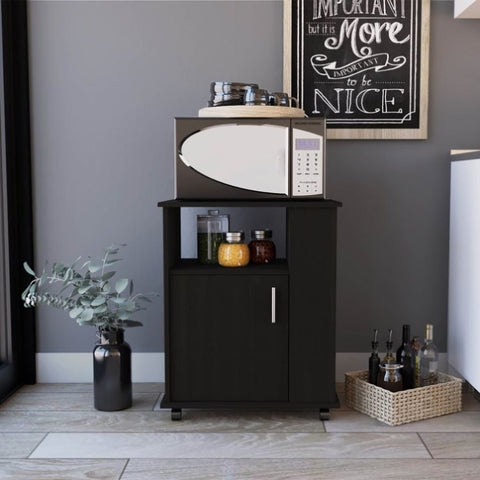 ZUN Correy 4-Shelf Microwave Cabinet with Caster Black Wengue B06280097
