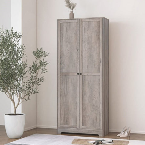 ZUN Particleboard veneer, retro gray, 2-door, 4-shelf wooden wardrobe 02949758