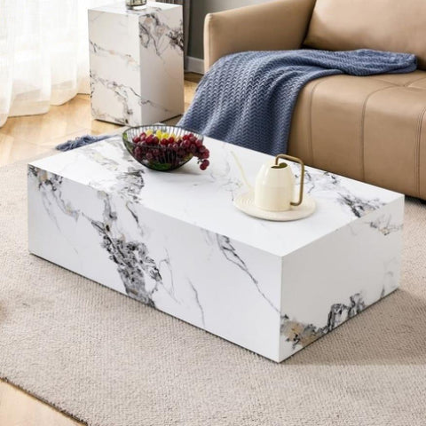 ZUN Modern MDF Coffee Table with Marble Pattern - 39.37x23.62x11.81 inches - Stylish and Durable Design W1151P146806