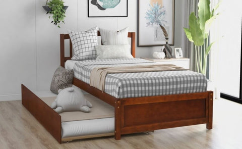 ZUN Twin size Platform Bed Wood Bed Frame with Trundle, Walnut WF194302AAD