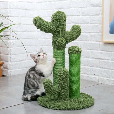 ZUN Cat Scratching Post Cactus Cat Scratcher Featuring with 3 Scratching Poles and Interactive Dangling 48540529
