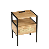 ZUN Set of 2, 15.75" Rattan End table with Power Outlet & USB Ports , Modern nightstand with drawer and W1265123647