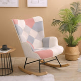 ZUN Rocking Chair, Mid Century Fabric Rocker Chair with Wood Legs and Patchwork Linen for Livingroom W109543643