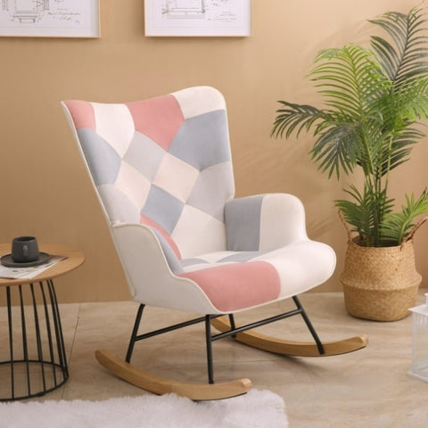 ZUN Accent Rocking Chair, Mid Century Fabric Rocker Chair with Wood Legs and Patchwork Linen for W56141238