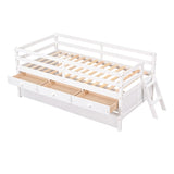 ZUN Low Loft Bed Twin Size with Full Safety Fence, Climbing ladder, Storage Drawers and Trundle White WF296596AAK