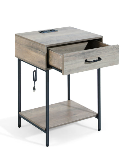 ZUN Nightstand with Charging Station, End, Side with Drawer, Open Storage Shelf, Bedside 82660591