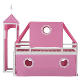 ZUN Twin Size Bunk Bed with Slide Pink Tent and Tower - Pink WF310007AAH