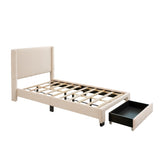 ZUN WHITE BEIGE TEDDY FARBRIC FOOTBOARD STORAGE BIG DRAWER WINGBACK WITH POCKETS UPHOLSTERED BED NO BOX W1867121487