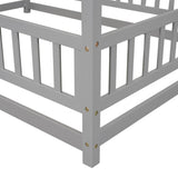 ZUN Full Size Floor Wooden Bed with House Roof Frame, Fence Guardrails ,Grey W50471474
