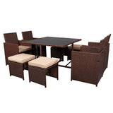 ZUN 9 Pieces Wood Grain PE Wicker Rattan Dining Ottoman with Tempered Glass Table Patio Furniture Set 19520971