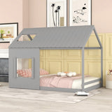 ZUN Full Size House Bed with Roof and Window - Gray WF296898AAE
